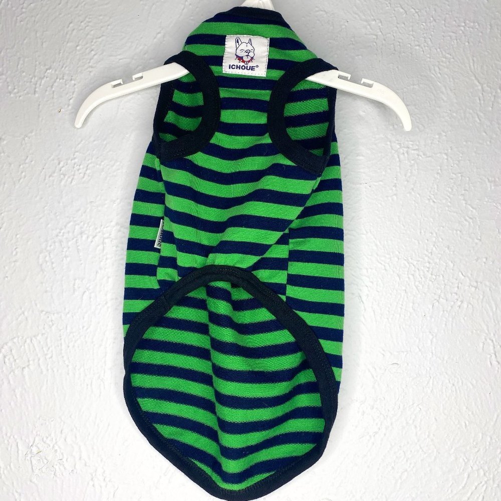 ICHOUE navy and green striped dog t shirt size Medium. EUC